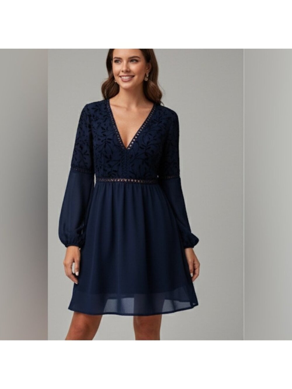 Guipure Lace Insert Lantern Sleeve Chiffon Dress Blue